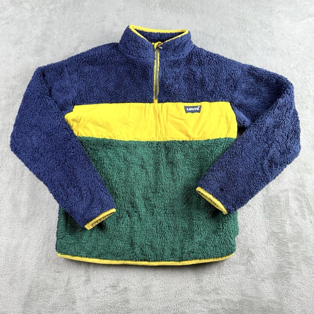 Levis Sweater Kids Medium 10/12 Yellow Green Navy Sherpa 1/4‎ Zip Pullover Cozy